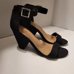 Torrid Wide Women Sandal Strappy Black Fabric Suede Ankle Wrap Heel Size 9.5 W
